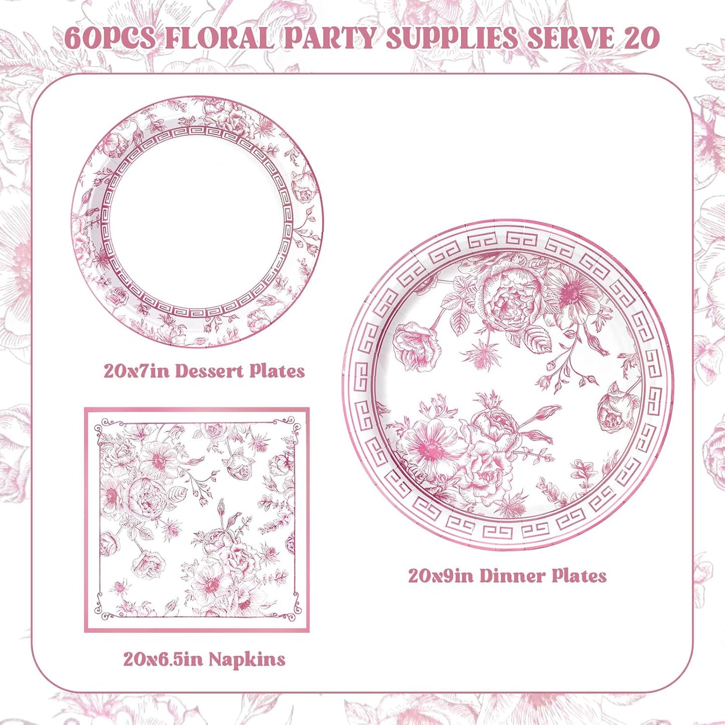 60Pcs Pink White Floral Party Supplies,Pink and White Flower Paper Plates and Napkins Disposable Tableware Set for Bridal Baby Shower Wedding Tea Party Decorations,Serves 20 Guests