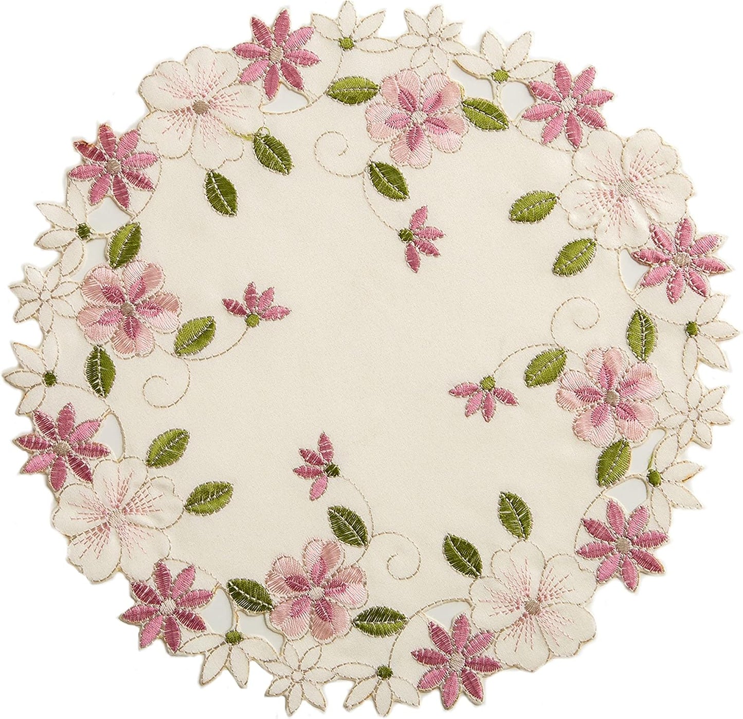 2pack Round lace Doilies,Yellow Blue Floral Cutwork Embroidered Placemats Vase Pads for Wedding Birthday Dinner Party Decor (Round11.8inch, Pink Flower)