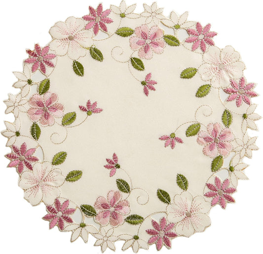 2pack Round lace Doilies,Yellow Blue Floral Cutwork Embroidered Placemats Vase Pads for Wedding Birthday Dinner Party Decor (Round11.8inch, Pink Flower)
