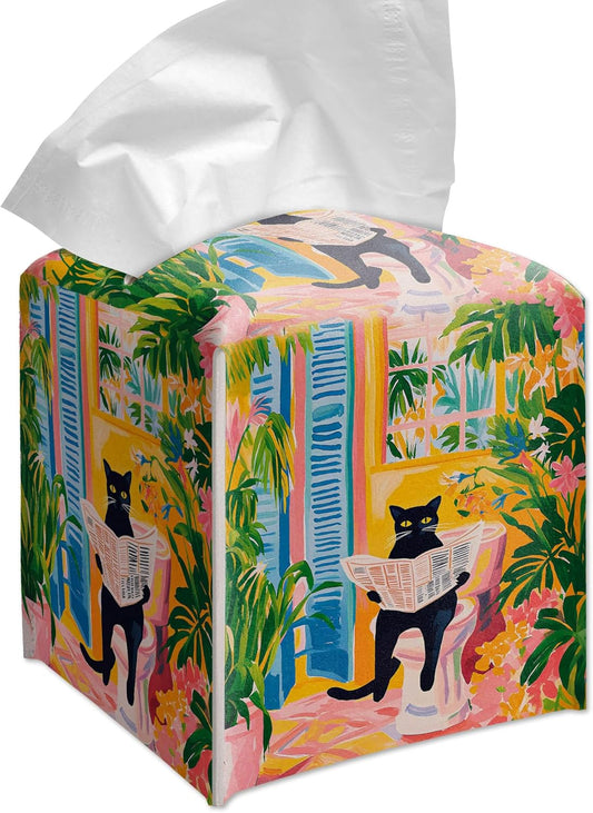 Vintage Black Cat Reading Newspaper Tissue Box Cover Square, Retro Cube Pink Decorative Tissue Box Cover, 5.2 Inch.(034)