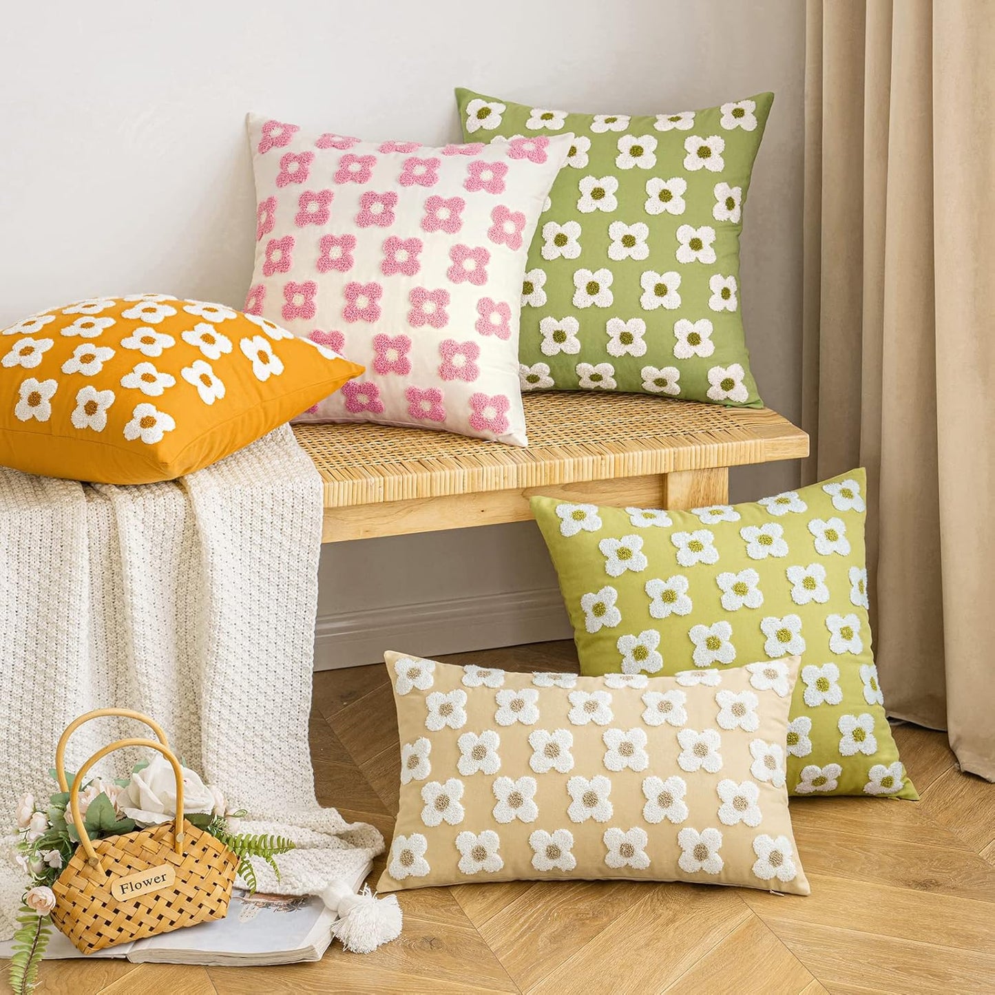 EMEMA Decorative Throw Pillow Covers Daisy Sun Flower Jacquard Pillowcase Cushion Case Square for Couch Sofa Bed Living Room Bedroom Set of 2, 18x18 Inch, Pink and White