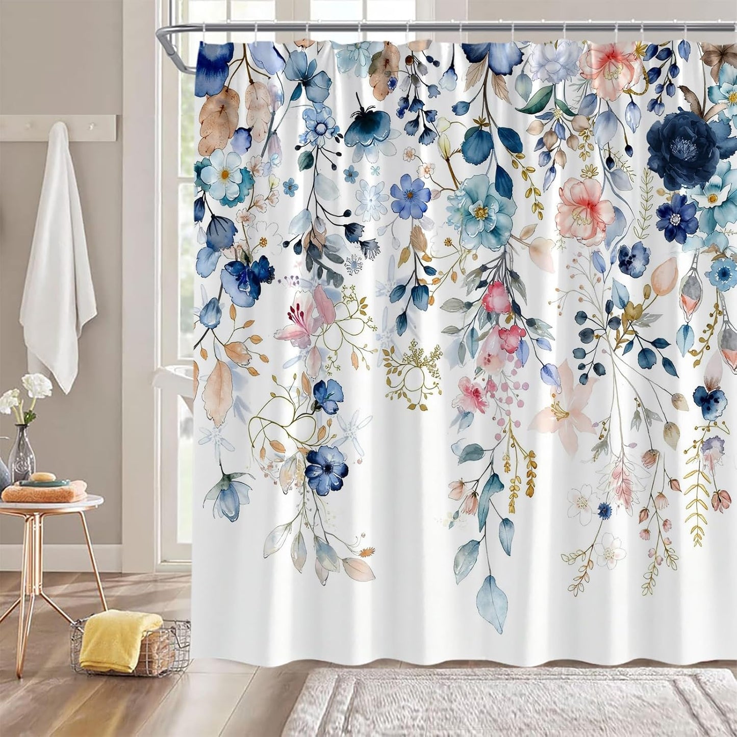 Navy Blue Pink Floral Shower Curtain Blue and Pink Watercolor Flower Eucalyptus Leaves Rustic Farmhouse Plant 70" WX70 H Bathroom Fabric Curtain with Hooks