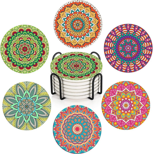 Coaster for Drinks Set of 6, Moroccan Bohemian Mandala Colorful Pink Green Absorbent Round Ceramic Stone Mat, with Cork Base and Metal Holder, Gift for Housewarming Room Bar Decor