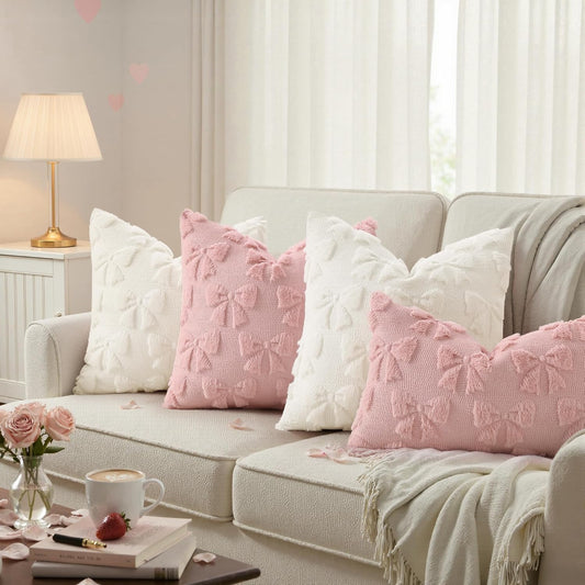 decorUhome Pink Bow Pillow Covers Set of 2 Coquette Aesthetic Cute Preppy Plush Faux Pillowcases for Girly Bedroom or Couch 20x20 Inch