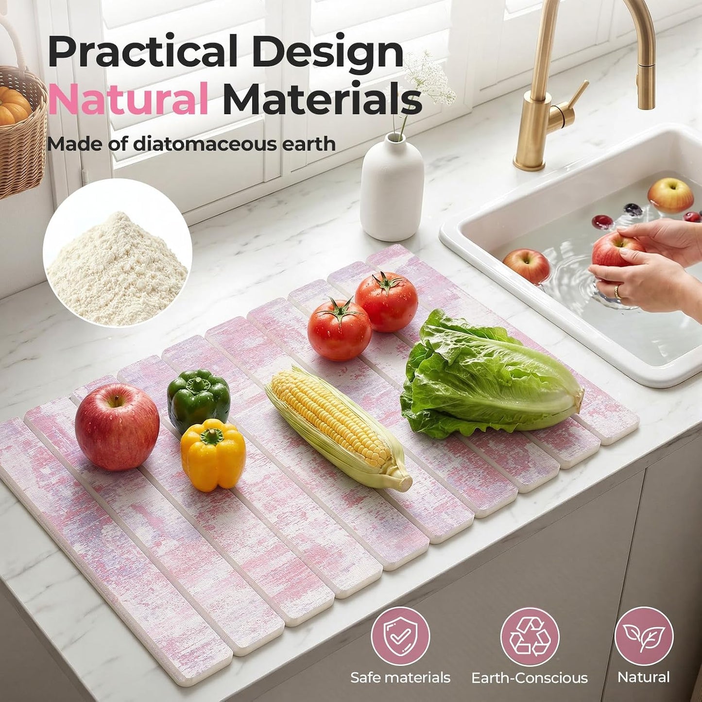 Findosom Large Stone Dish Drying Mat for Kitchen Counter, 23.6" × 15.3" Foldable Non-Slip Stone Drying Mat with Abstract Pattern, Heat Resistant Diatomaceous Earth Mat for Bath, Dishes, Cups, Pink