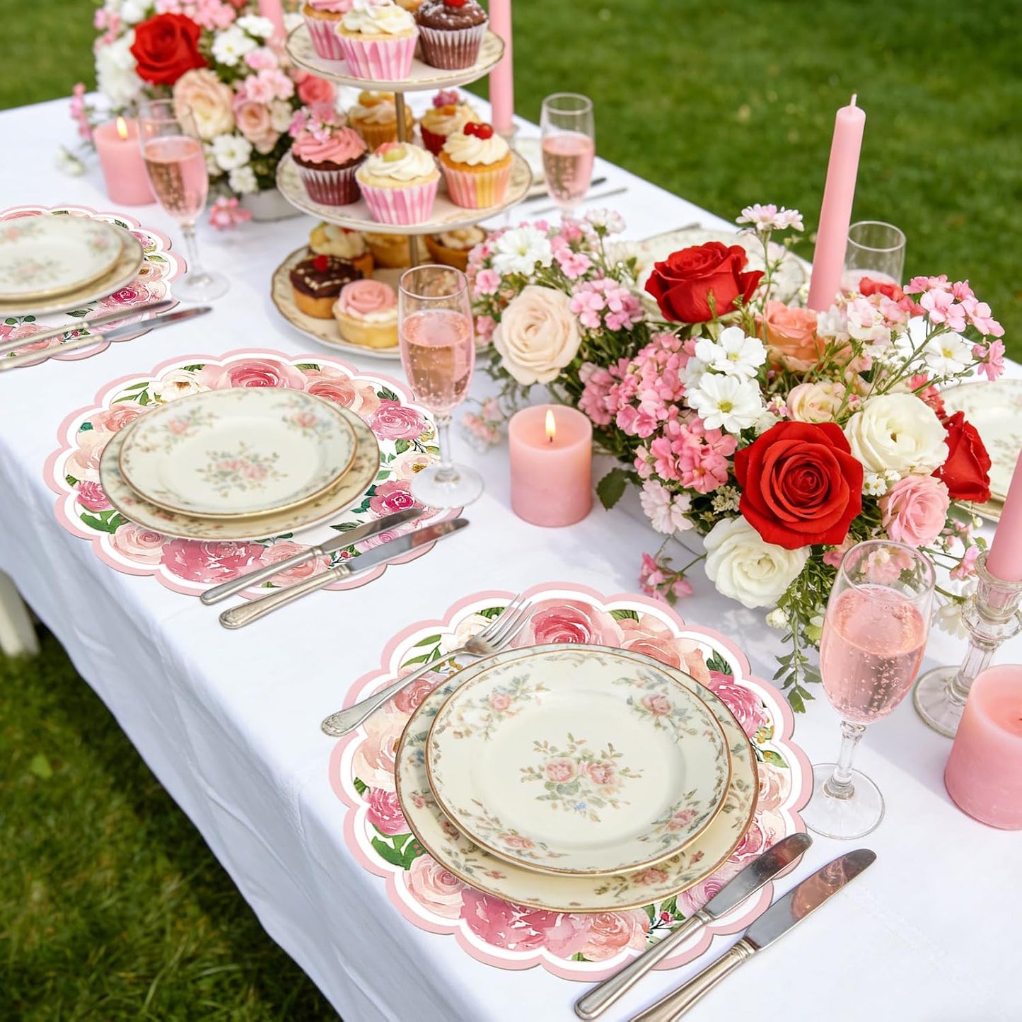 50 Pcs Pink Floral Paper Placemats Disposable,13.4 Inch Watercolor Roses Floral Round Place Mats Spring Summer Table Mats for Birthday Wedding Banquet Bridal Shower Party Supplies