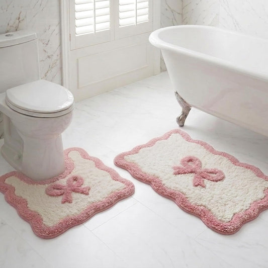 Coquette Bath Mat Set - 2pcs Soft & Absorbent Microfiber Bath Rugs, Non-Slip TPR Backing, Washable Bathroom Mats with Cute Bow Design, for Bathroom, Shower, Tub, and Sink - Pink