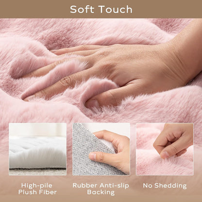 Ashler Faux Rabbit Fur Area Rug, Pink 5x7 FT Fluffy Soft Rectangle Fuzzy Carpet for Living Room, Bedroom, Machine Washable Shaggy Nursery Rug - 3D Bubble Rug