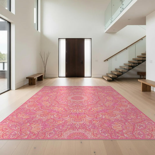Design&I 4'x6' Easy Clean Abstract Abstract Accent Rug, Coral for Playroom, Bedroom, Reading Nook, Sleek Flatweave Pet Friendly & Non-Slip Built-in Grip Floor Covering | 2163978