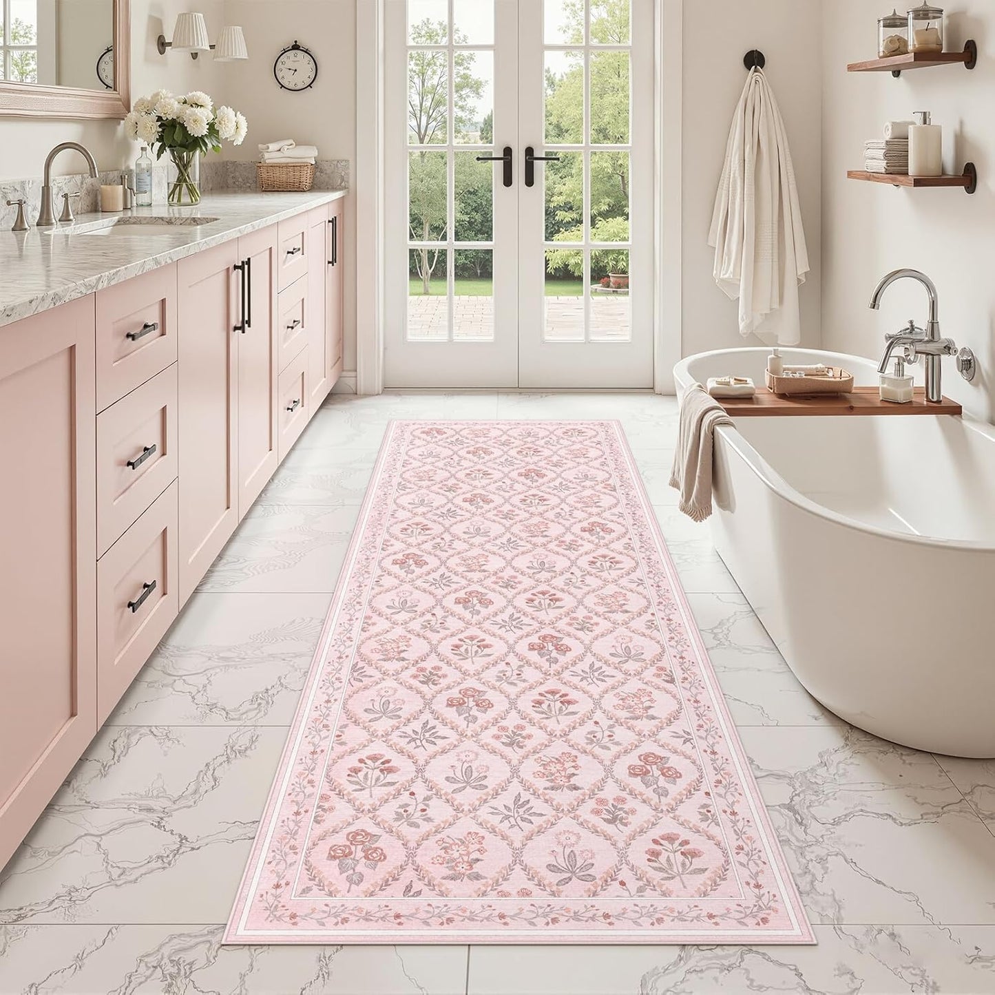 Pink Runner Rug for Bathroom 2x6, Washable Runner Rug Non Slip, Aesthetic Boho Floral Kitchen Area Carpet for Bedroom Hallway Laundry Entryway