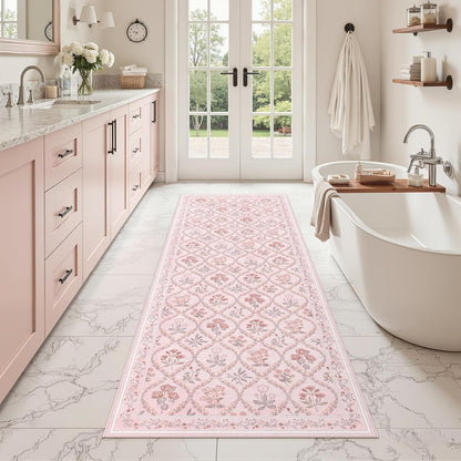 Pink Runner Rug for Bathroom 2x6, Washable Runner Rug Non Slip, Aesthetic Boho Floral Kitchen Area Carpet for Bedroom Hallway Laundry Entryway