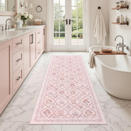 Pink Runner Rug for Bathroom 2x6, Washable Runner Rug Non Slip, Aesthetic Boho Floral Kitchen Area Carpet for Bedroom Hallway Laundry Entryway