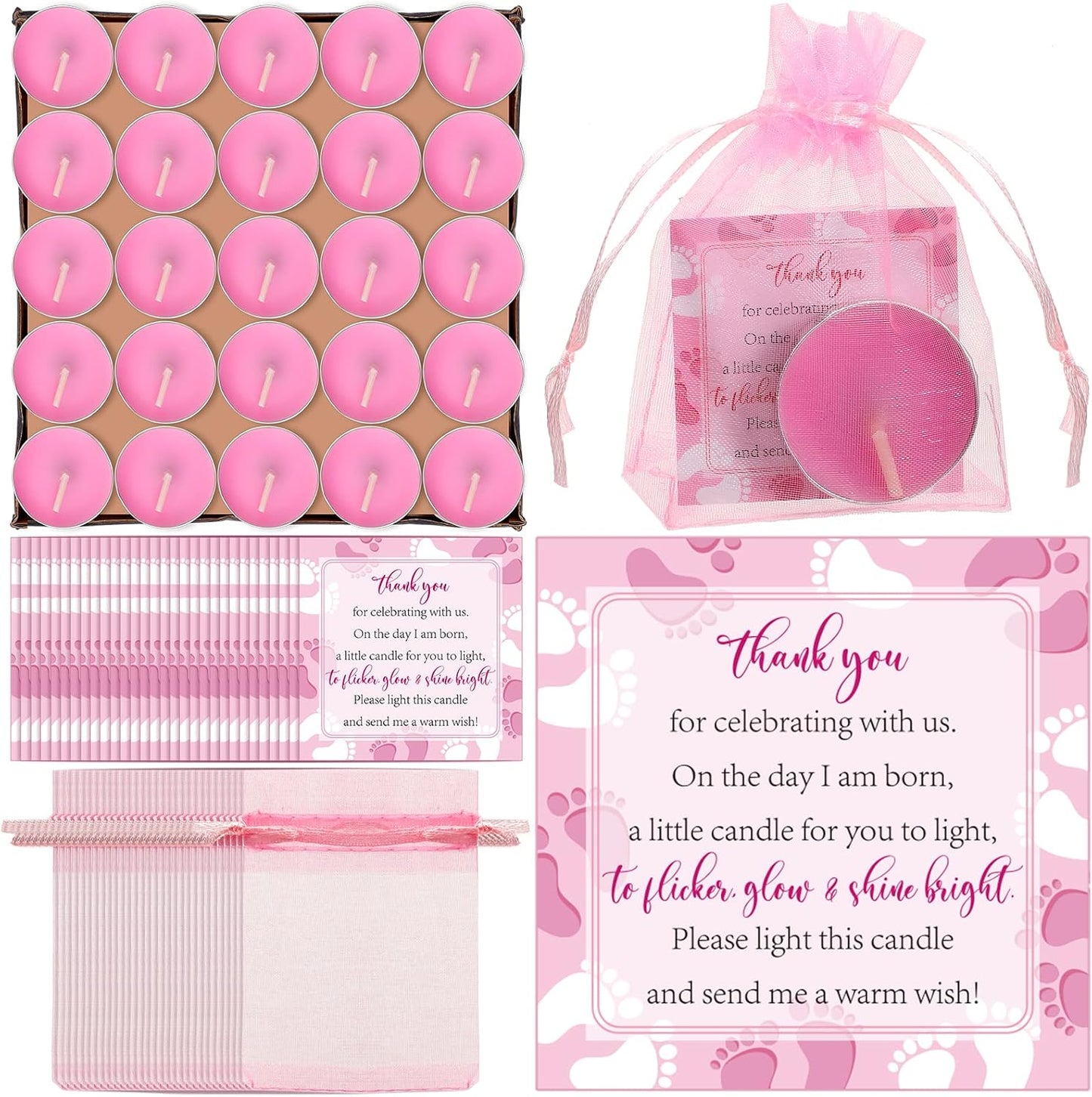 50 Sets Baby Shower Party Favors Including 50 Pcs Unscented Tealight Baby Shower Candles Gift Bags Cards for Gender Reveal Party Supplies(Pink)