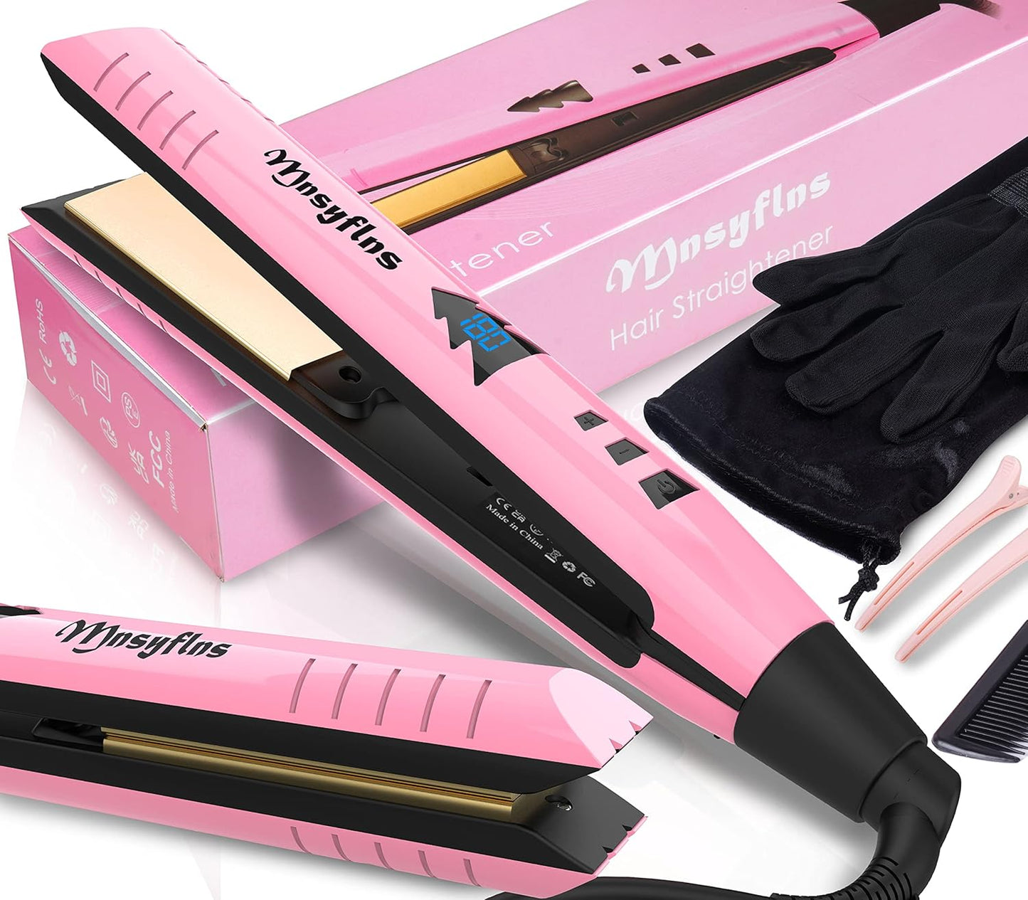 2 in 1 Hair Straightener and Curler-15s Fast Heating Ceramic Flat Iron, LCD Temp Display, Wide Plates for Short/Long Hair, Portable Travel Straightener with Heat-Resistant Glove & Clips,Pink