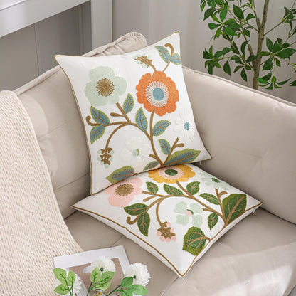 Floral Throw Pillow Covers 18x18 Pack of 2 Pink and Yellow Flower Embroidered Pillow Cover with Green Leaves Farmhouse Pillow Cushion Case Decorative Farm Pillowcases for Summer Fall Autumn