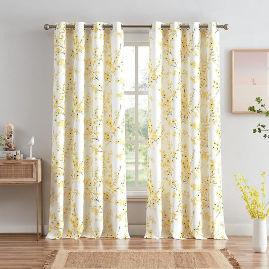 Melodieux Floral Curtains 84 Inches Long for Living Room, Farmhouse Yellow Apricot Flower Print White Decorative Grommet Drapes, 52x84 Inch, 2 Panels