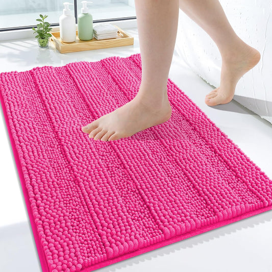 Grandaily Chenille Striped Bathroom Rugs 24x16, Extra Thick and Absorbent Bath Mats, Non-Slip Soft Plush Shaggy Shower Carpet, Machine Wash Dry, Bath Rug for Bathroom, (Small, Deep Pink)