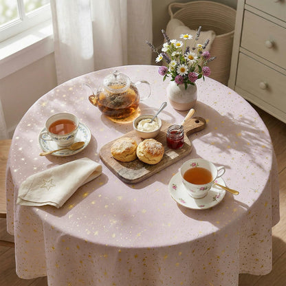 Horaldaily Pink Tablecloth 60×60 Inch Round, Solid Round Table Cloth with Golden Star Sequin, Spring Summer Table Cover for Wedding, Party, Banquet, and Events