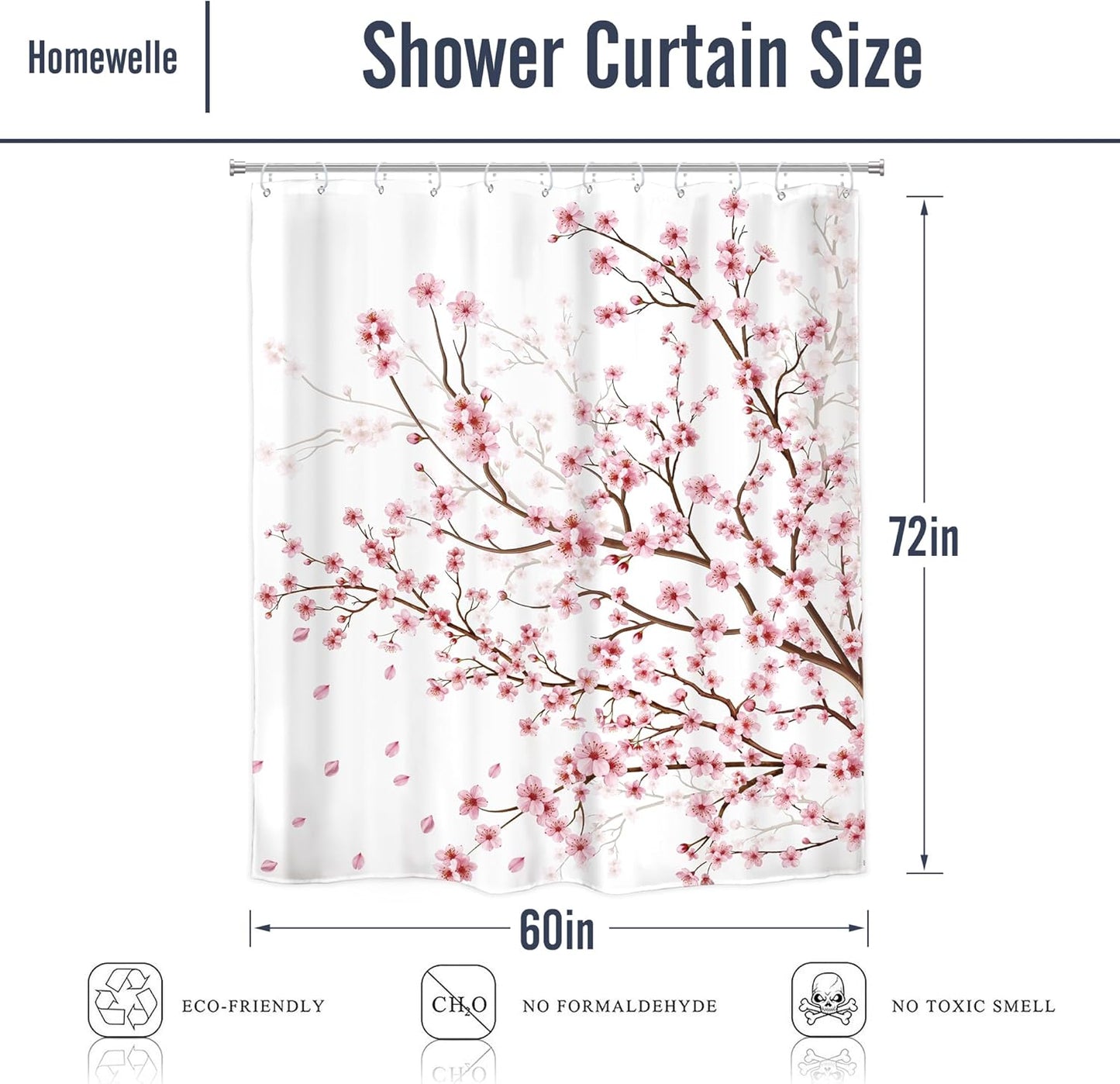 Cherry Blossom Plum Asian Shower Curtain Japanese Weeping Flower 60Wx72H Inch Sakura Pink Floral Watercolor Cute Branch Ink Scenery Waterproof Polyester Fabric Bathroom Bathtub