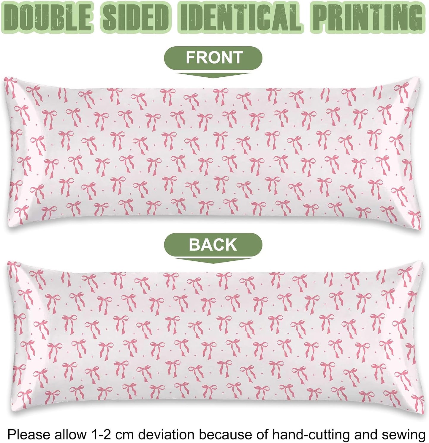 Satin Body Pillowcase Pink Bow Imitation Silk Pillow Cover with Hidden Zipper,Comfortable Lightweight Breathable for Hair and Skin,20x54 Inch