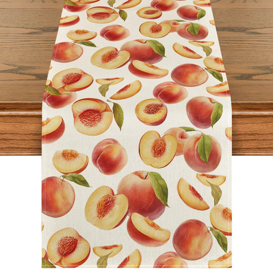 Artoid Mode Peach Leaves Fruit Spring Summer Table Runner, Seasonal Kitchen Dining Table Decoration for Home Party Decor 13x72 Inch