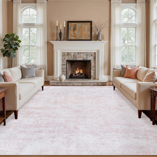 9x12 Area Rug for Living Room:Large Nursery Rug for Baby Girl Washable Vintage Rug with Non Slip Backing Indoor Floor Non Shedding Floral Low Pile Thin Carpets for Bedroom Dining Room Home Office Pink