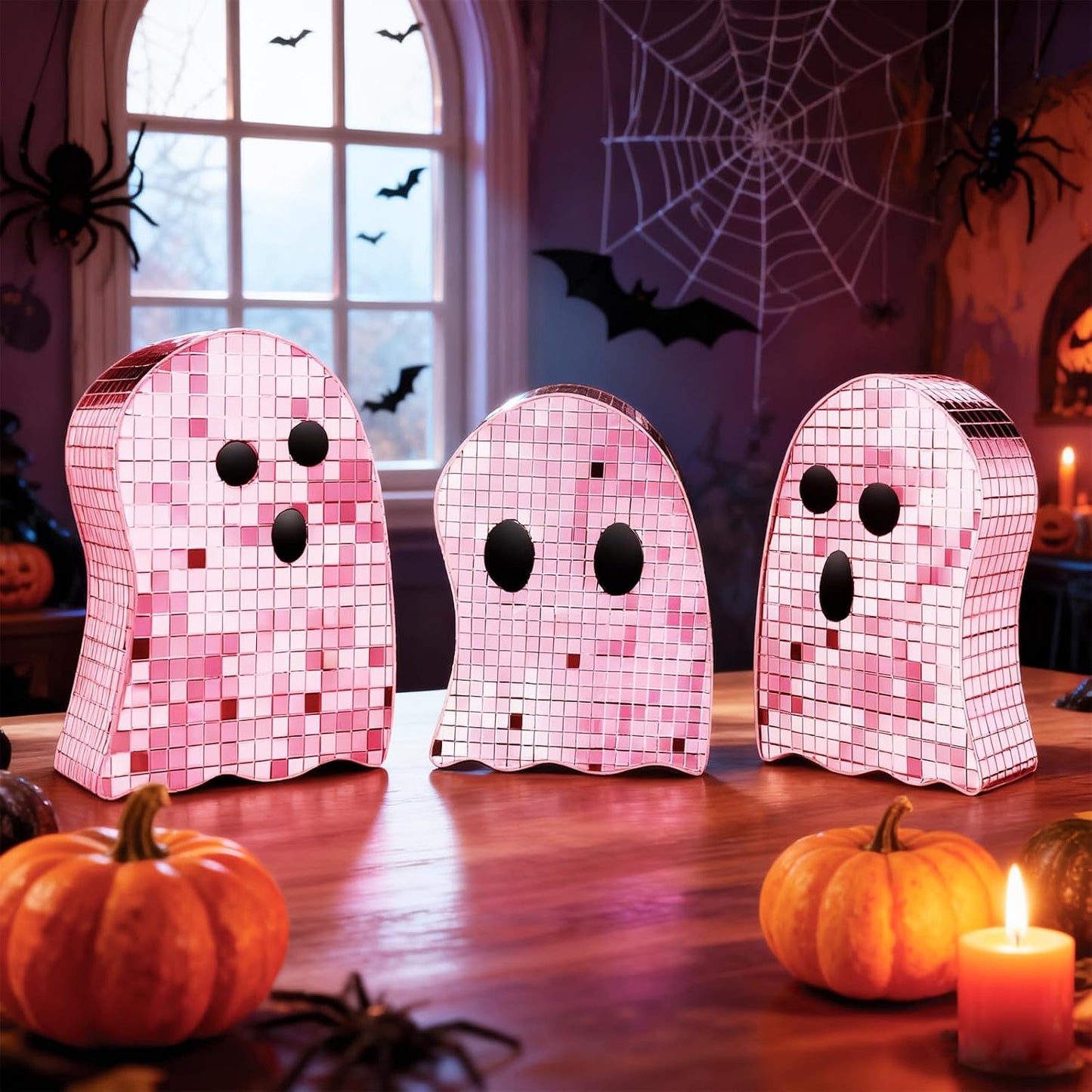 3 Pcs Halloween Disco Ghost Decor,5.9" 7" 8.2" Ghost Mirror Disco Ball Indoor Glitter Spooky Ghost Sign Halloween Tiered Tray Decor Mosaic Table Centerpiece for Party Gift (Pink)