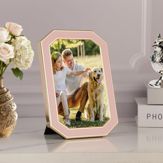 YiPinYin 4x6'' Pink Enamel Picture Frames 2 Pack with Gold Metal Plated Edge,HD-Real Glass & Velvet Back,Octagon Shape,Light Pink Décor Photo Frame,Tabletop & Vertical Wall Mount