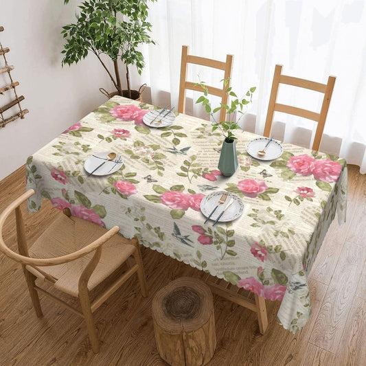 Vintage Pink Floral Rectangular Tablecloth Flowers in Vintage Newspaper Table Cloth with Wavy Lace Decoration Pink Blossom Table Cover for Dining Parties Rectangle Tablecloths 54x72 inch