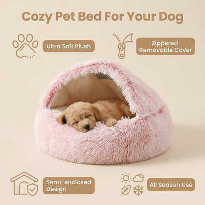 Cozy Zipper Convertible Cat Bed Cave, 2 in 1 Round Plush Donut Dog Bed with Removable Hood, Warm Fuzzy Enclosed Pet Nest Bed for Small Dogs Kittens, Machine Washable (Pink, 19.7 in Small Size)
