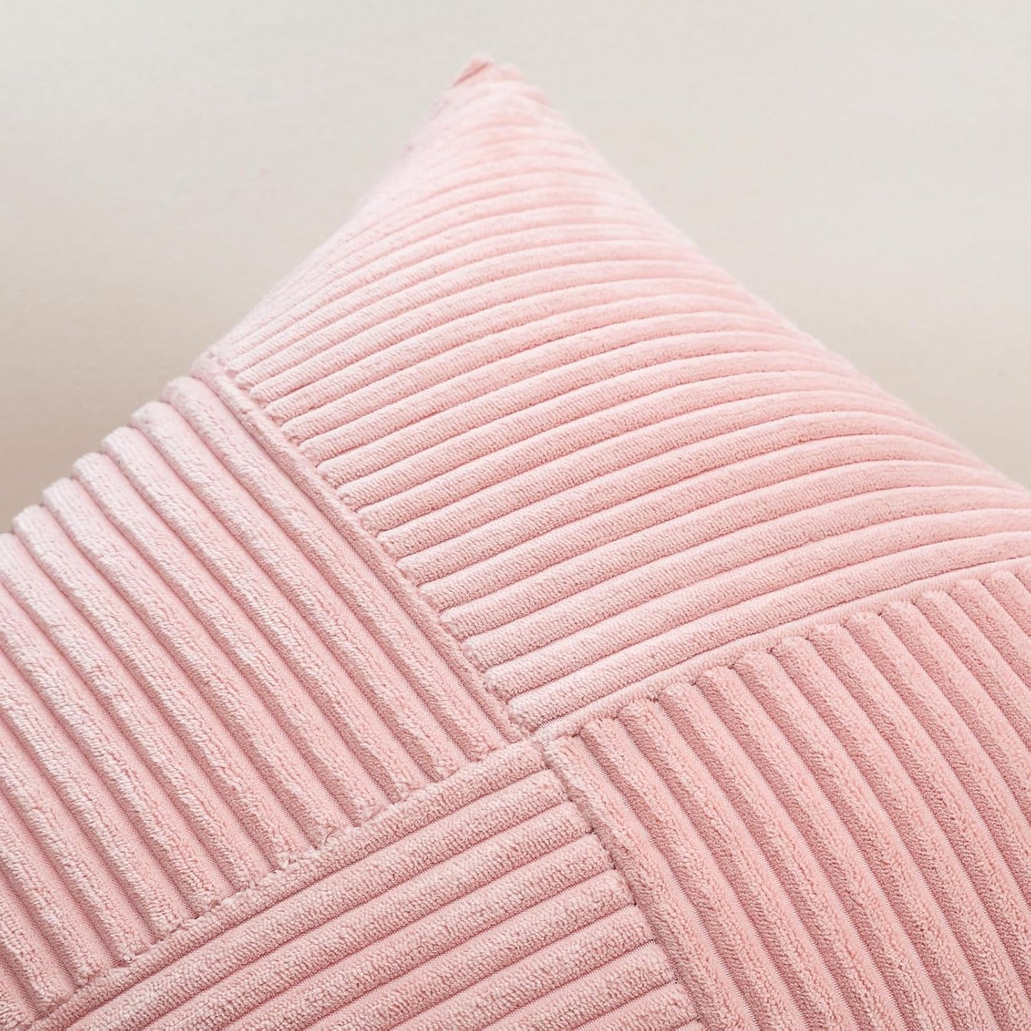 OTOSTAR Set of 1 Decorative Throw Pillow Cover Soft Corduroy Solid Square Pillow Cases Boho Striped Windmill Patchwork Textured Cushion Cover for Sofa Car Bed Living Room 18x18 Inch, Pink