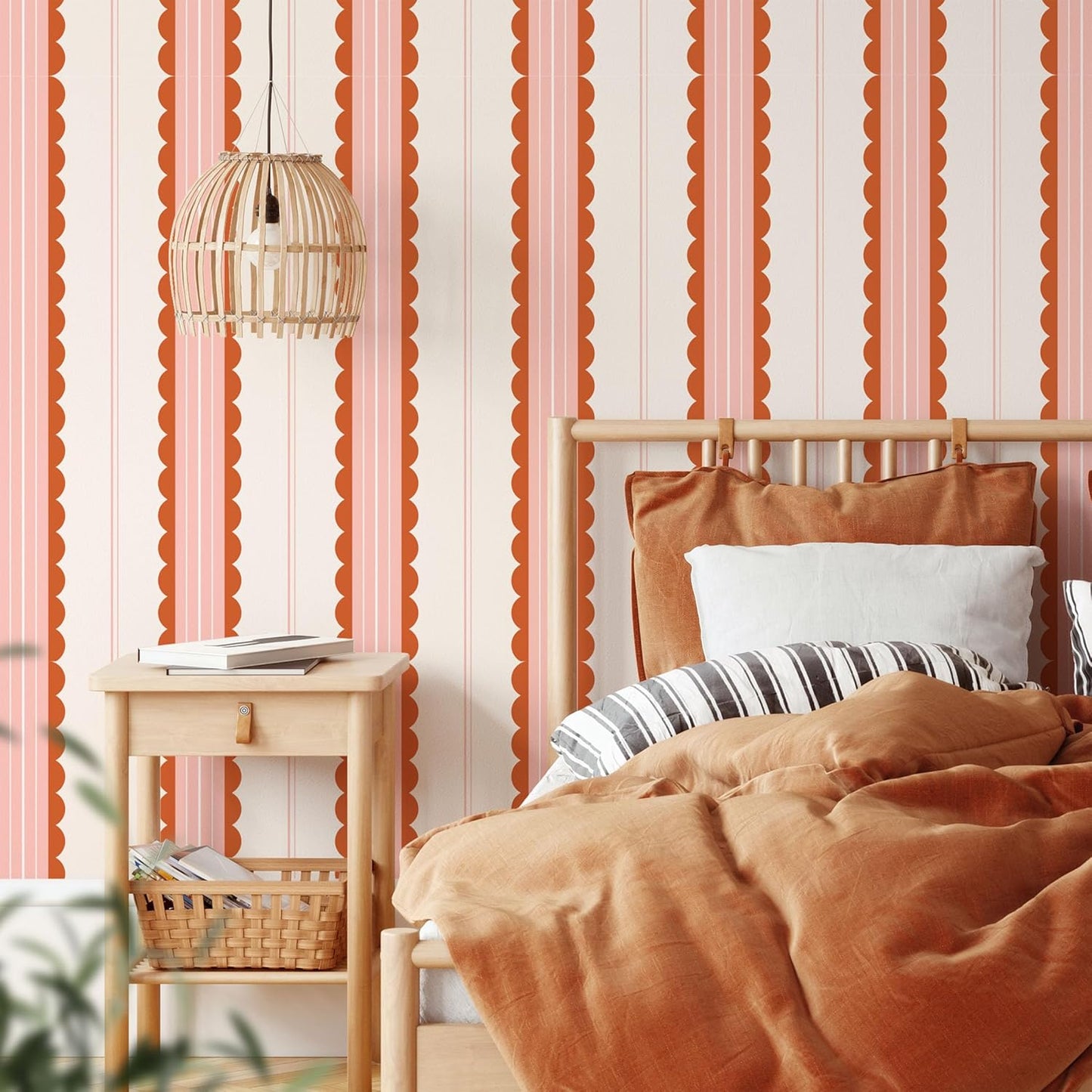 Boho Scallop Peel and Stick Wallpaper Red/Pink Striped Self Adhesive Wallpaper Removable Renter Friendly Contact Paper for Accent Walls Living Room Bedroom 17.7in x 9.8ft