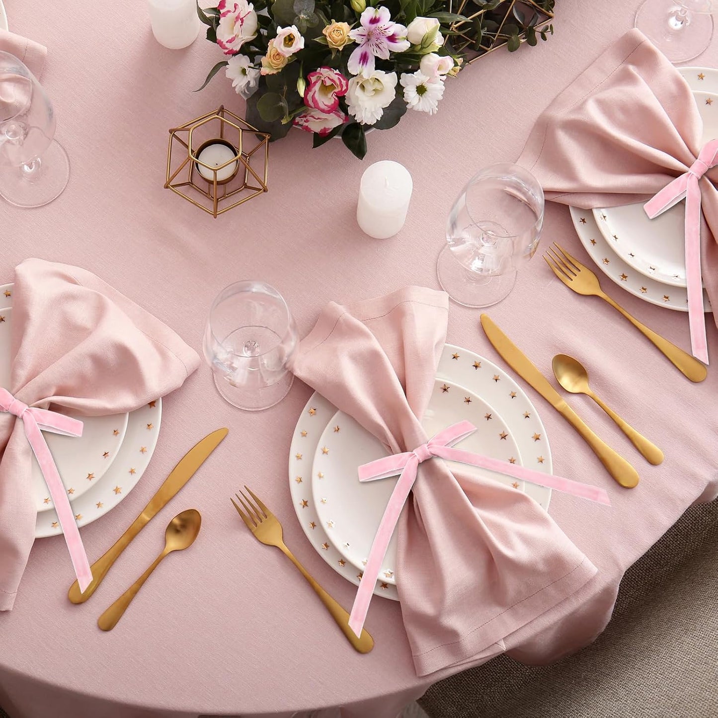 Riceshoot 6 Pcs Bow Napkin Rings Velvet Bows with Gold Rotundity Metal Napkin Ring Velvet Bow Holder for Table Settings Wine Bottles Candlestick Wedding Party Dinner (Pink)