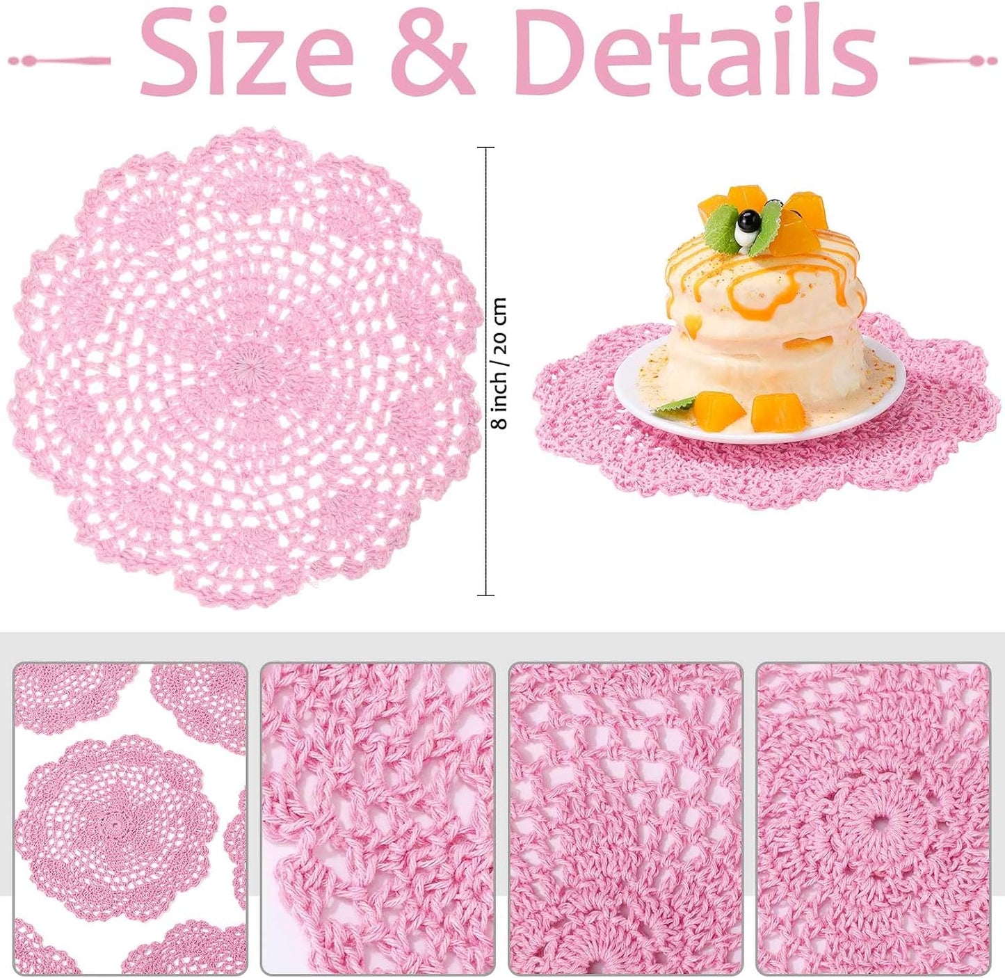 10 Pcs 8 Inch Cute Crochet Doilies Crochet Flower Coasters Handmade Cotton Coaster Round Lace Placemats with Floral Patterns Doily Cloth Set Spring Wedding Easter Party Decoration(Pink)