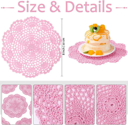 10 Pcs 8 Inch Cute Crochet Doilies Crochet Flower Coasters Handmade Cotton Coaster Round Lace Placemats with Floral Patterns Doily Cloth Set Spring Wedding Easter Party Decoration(Pink)