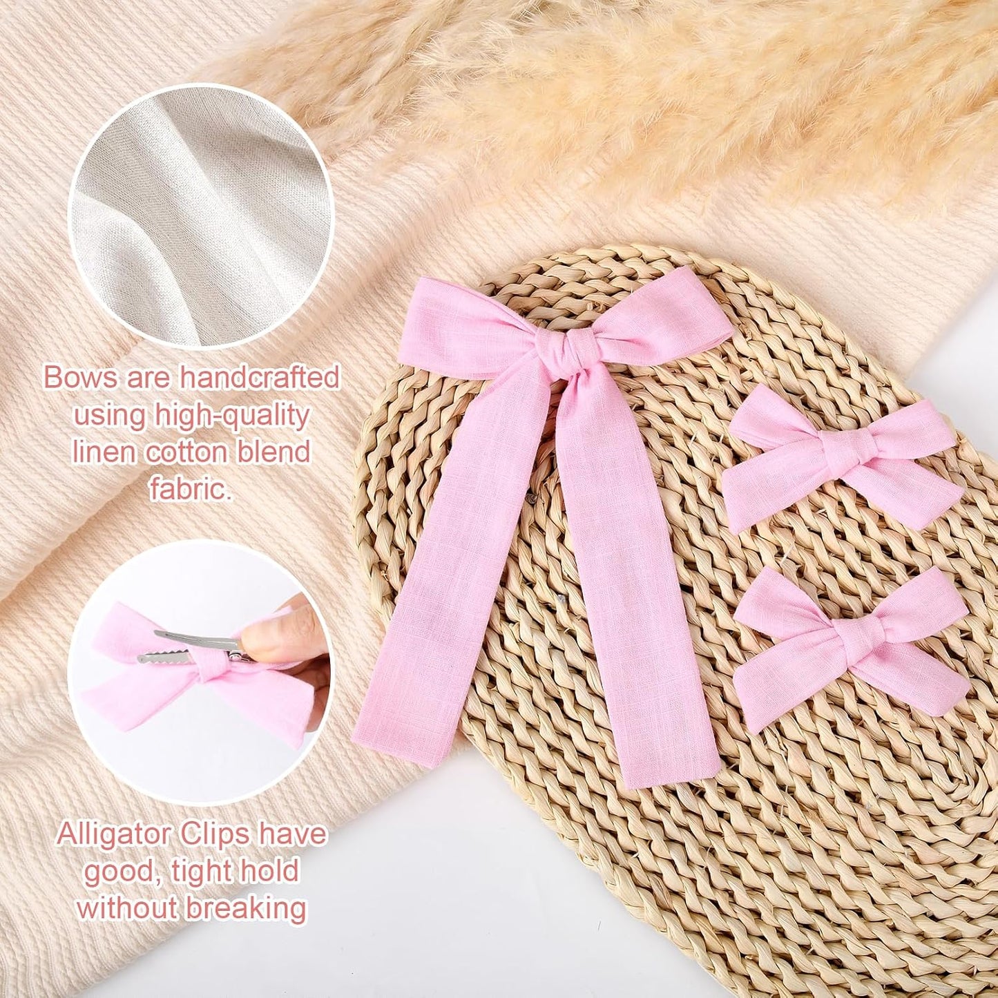 DEEKA Light Pink Cotton Linen Hair Bows 2 Sizes 5"&3.5" Soft Hair Bow set for Toddler Girls Long Ponytail Knot Bows Alligator Clip Hair Accessories for Little School Girls (Light Pink)