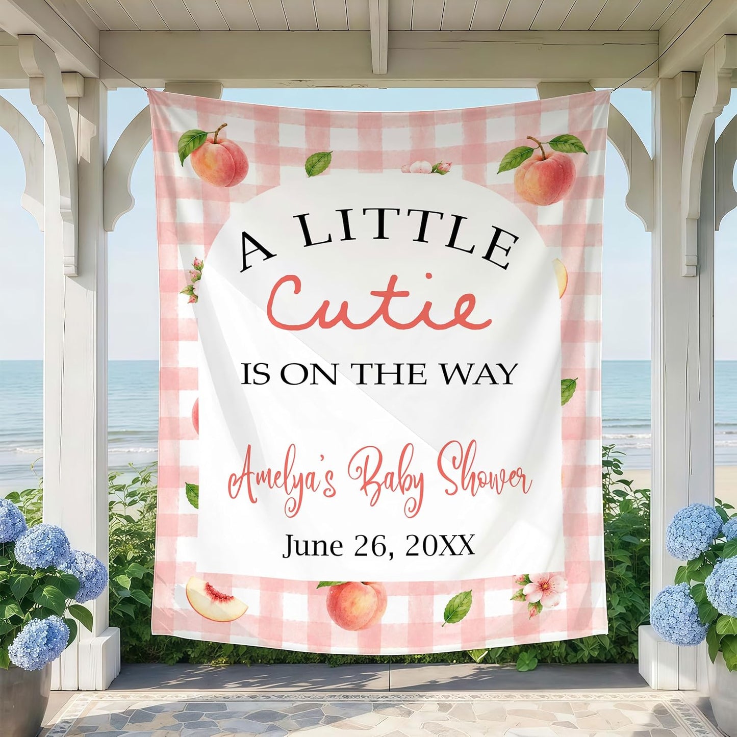 Little Cutie Baby Shower Backdrop, Peach BabyShower Decorations, Pink Gingham Baby Shower Banner, Cutie Babys Showers Welcome Sign, Peach Theme BabyShower Photo Booth Background