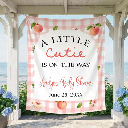 Little Cutie Baby Shower Backdrop, Peach BabyShower Decorations, Pink Gingham Baby Shower Banner, Cutie Babys Showers Welcome Sign, Peach Theme BabyShower Photo Booth Background