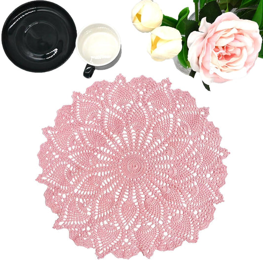 Anniversary Mother's Day Lace Placemats Table Doilies Round Handmade Crochet Doily Kitchen Cup Mug Mats (Pink, 16 to 18 inches-1PC)