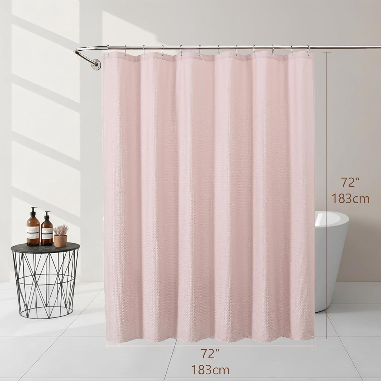 Pink Shower Curtain 72 Inch Length 1 Piece, Waffle Embossed Textured Soft Fabric Hotel Shower Curtain for Bathroom, Modern Polyester Water Repellent Machine Washable Bath Decor, 72Wx72L Inches