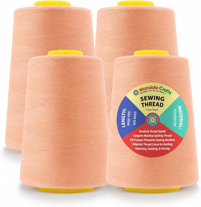Mandala Crafts 4 Pack of Serger Threads Cones Spools - 20S/2 24000 Yards Polyester Peach Threads for Sergers Machine and Overlock Quilting Sewing Machine