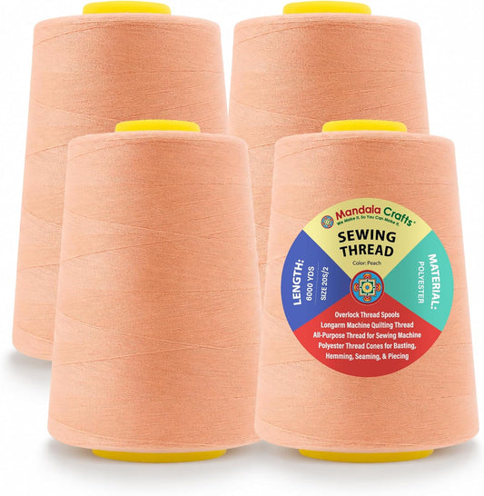Mandala Crafts 4 Pack of Serger Threads Cones Spools - 20S/2 24000 Yards Polyester Peach Threads for Sergers Machine and Overlock Quilting Sewing Machine
