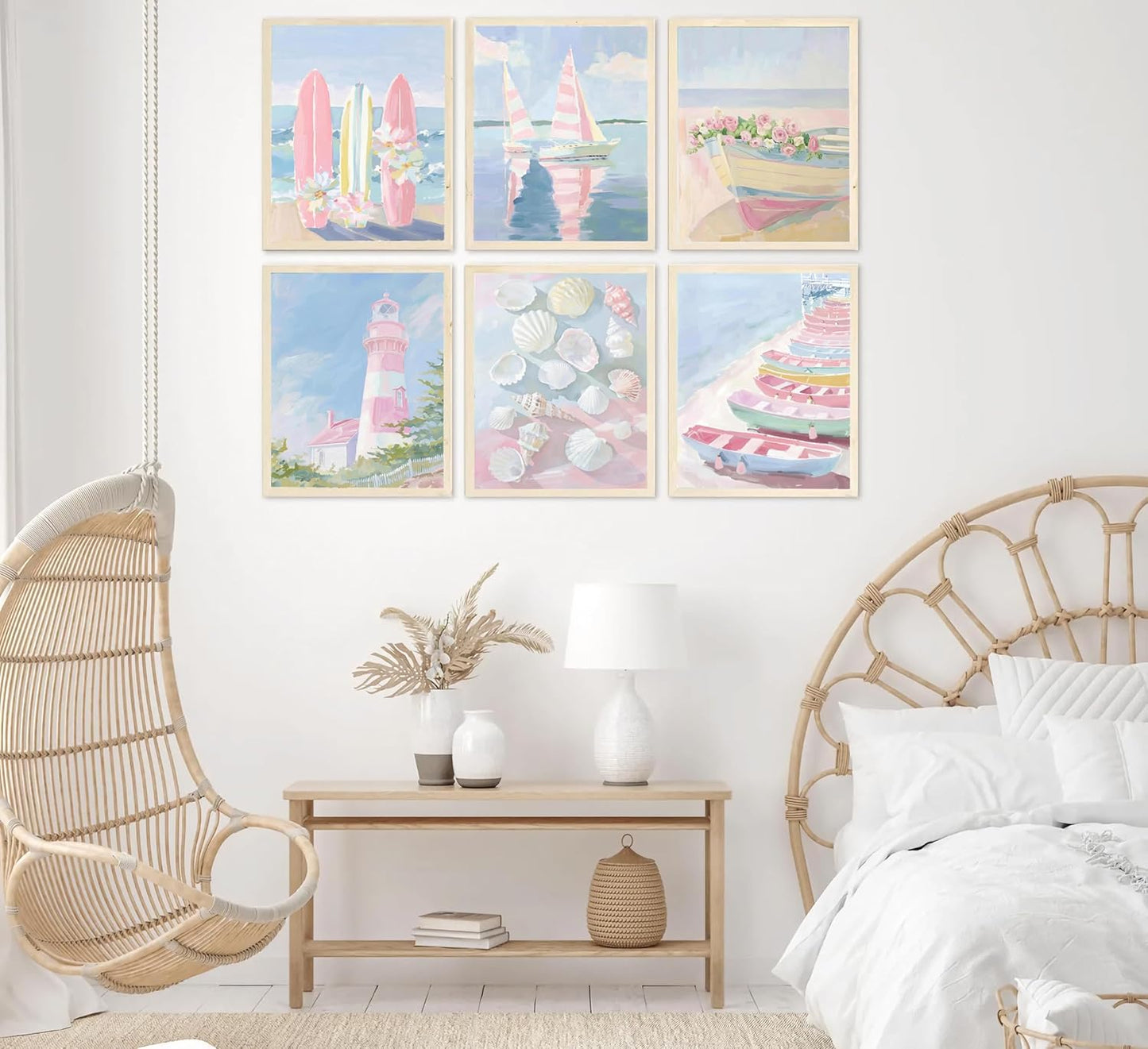 Ruasuben 6 Pcs Pink Beach Preppy Wall Art Unframed 8x10 inch - Aesthetic Pastel Coastal Decor - Seashell Lighthouse Surfboard Canvas Prints - Trendy Seascape Artwork for Bedroom Dorm