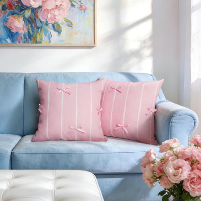 AELS Pink Bow Striped Decorative Valentine Throw Pillow Covers 18x18, Set of 2, Bowknot Pillow Case, Cute Cushion Case for Bed Couch Sofa, Pink and White Stripes, Covers Only