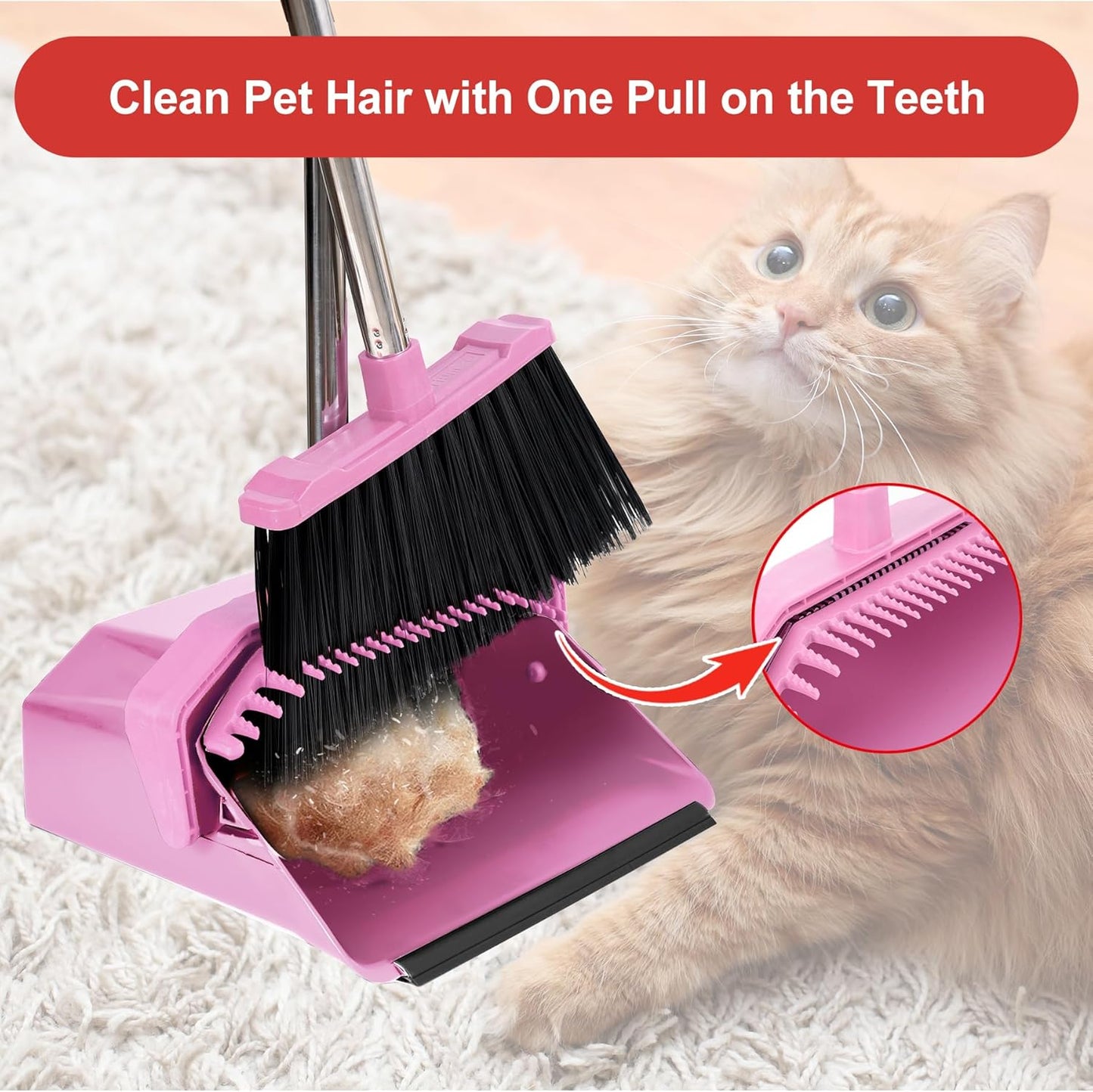 Tiumso Broom with Dustpan Combo Set, 51'' Broom and Dustpan Set, Brooms and Dust Pan with Handle, Brooms with Standing Dustpans, House Broom for Pets Hair and Floor Cleaning - Pink