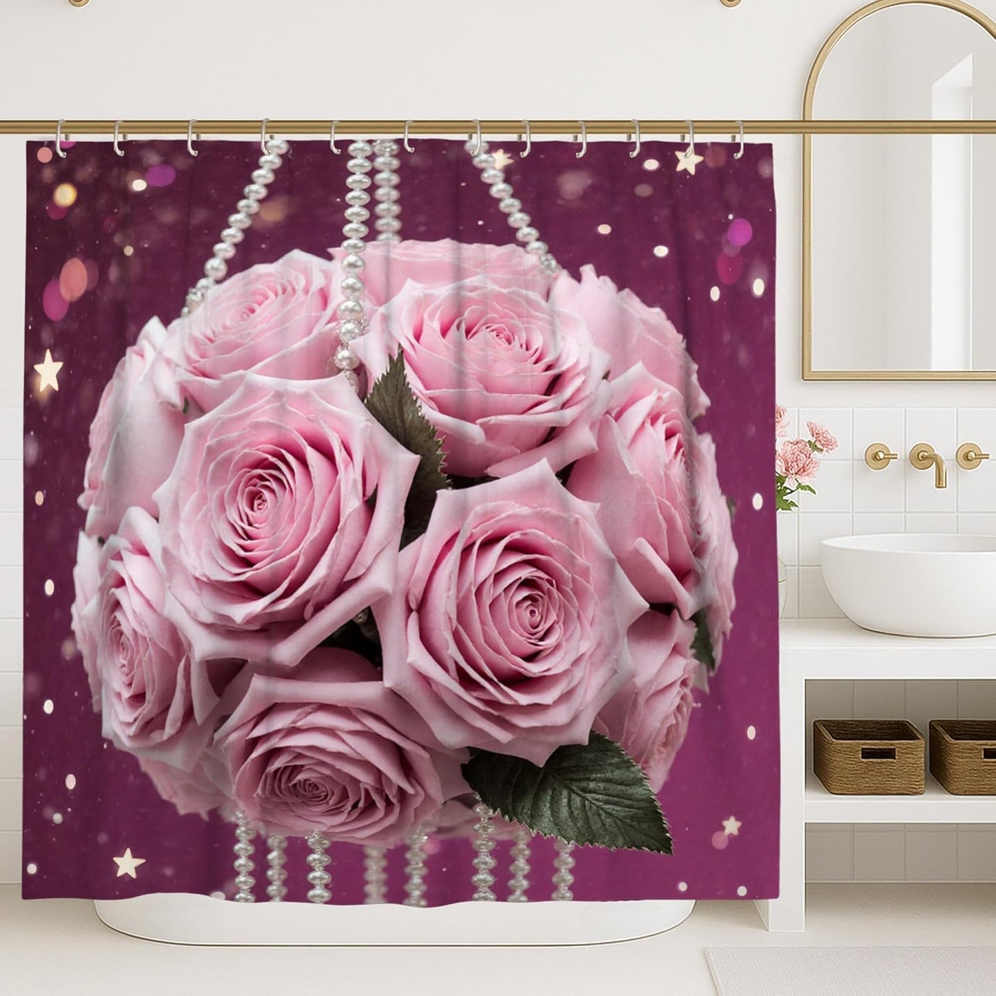 Roses Shower Curtain, Romantic Elegant Pearls Stars Spring Peach Waterproof Fabric Design Print Bath Curtains for Bathroom Toile Guest Room Decor 72x72 Inch