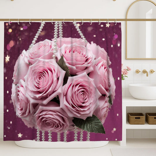 Roses Shower Curtain, Romantic Elegant Pearls Stars Spring Peach Waterproof Fabric Design Print Bath Curtains for Bathroom Toile Guest Room Decor 72x72 Inch