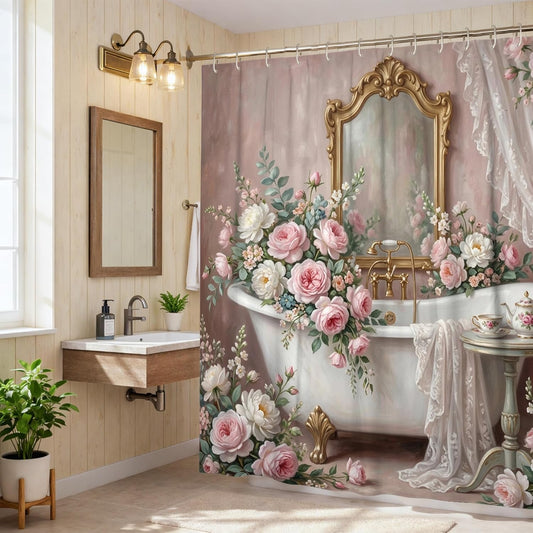 Rose Shower Curtain, Vintage Romantic Peony Eucalyptus Spring Peach Washable with Hooks Bathtub Cloth Curtains Decor for Bathroom Guest Room 72x72 Inch