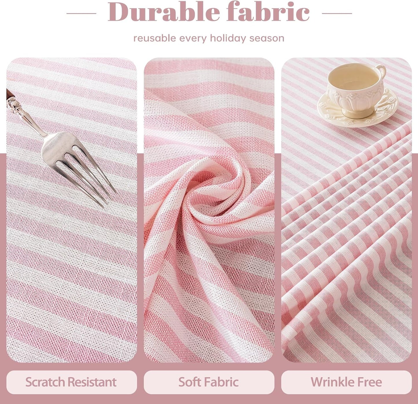 JIALE Pink Striped Tablecloth for 6 Foot Rectangle Tables 55 x 90 inch | Cotton Linen Fabric, Farmhouse Boho Rustic Table cloth with Tassels, Washable Wrinkle-Resistant Colorfast Heavy Weight