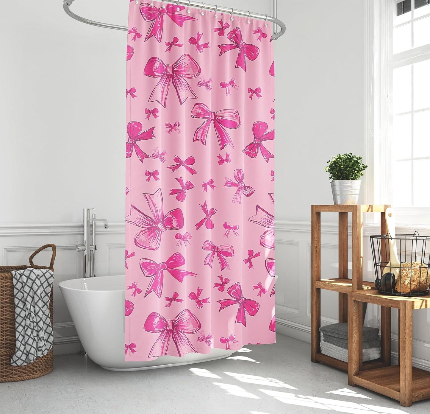 SDIII Pink Bow Shower Curtain Set 72x72 Inch, Waterproof Microfiber Cute Pink Shower Curtain Set Bowknot for Aesthetic Princess Themed Bathroom Decor